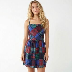 Arizona Jean Co Plaid Tartan Fit & Flare Mini Dress L 90s Grunge Western Preppy